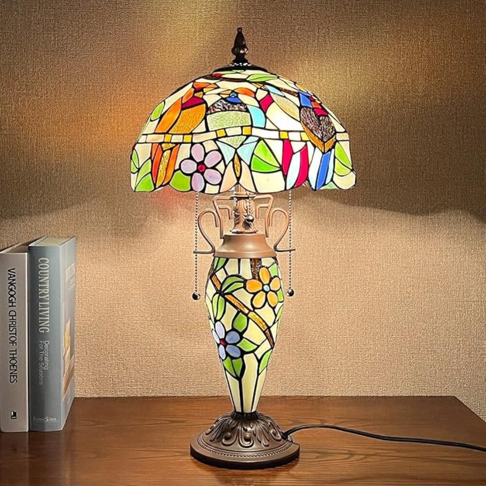 Tiffany Style Lamp Handcrafted Stained Glass 3-Light Cardinal Birds 23"